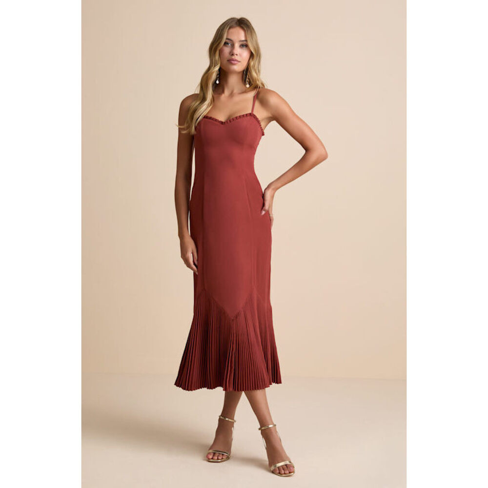 Lulus Channa Rust Red Pleated Hem Midi Dress - Size L